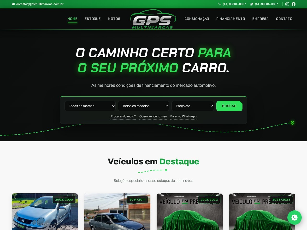 Página inicial do site GPS Multimarcas: vitrine de veículos seminovos com busca por marca, modelo e preço